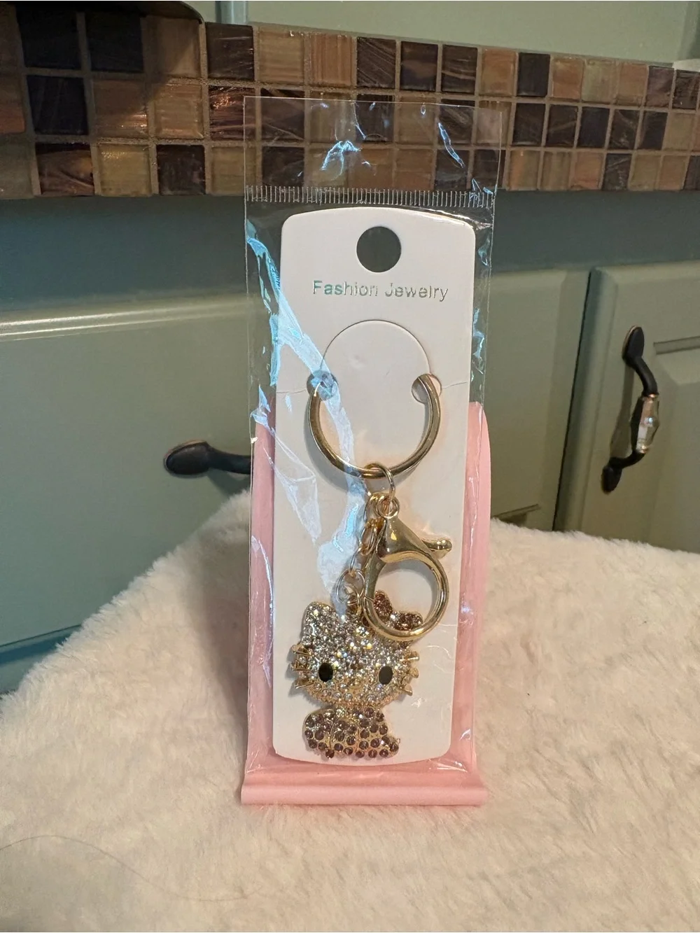 Gold Crystal Cat Keychain Charm - Fashion Jewelry